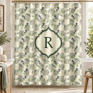 SageGreen Watercolor Olive Pattern Monogram Shower Curtain