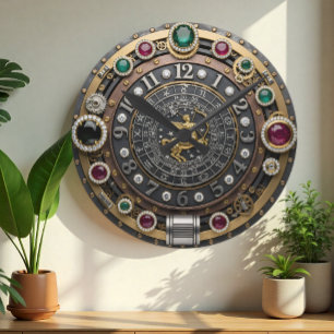Sagittarius Clock, zodiac sign, Steampunk, gems Round Clock
