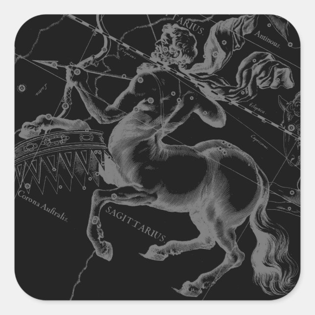 Sagittarius Constellation Hevelius Map on Black Square Sticker (Front)