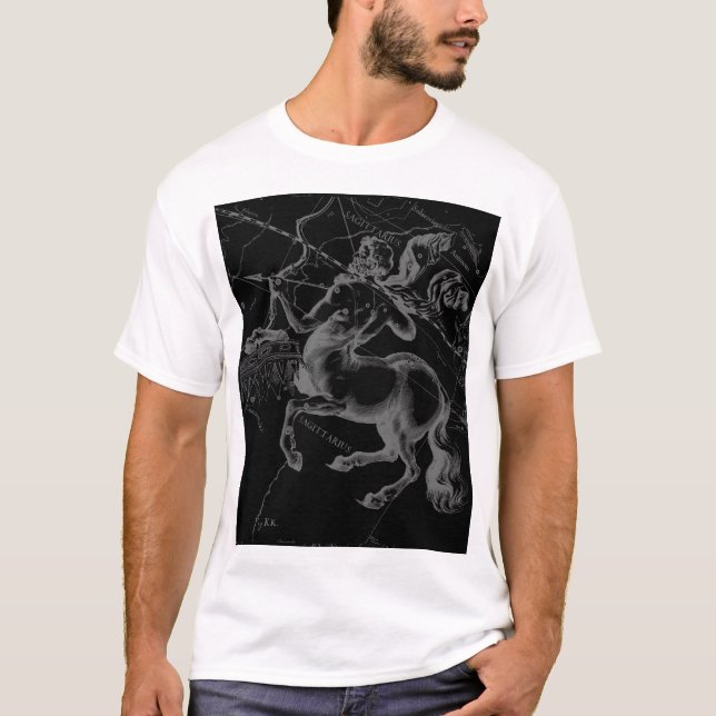 Sagittarius Constellation Map by Hevelius on Black T-Shirt (Front)