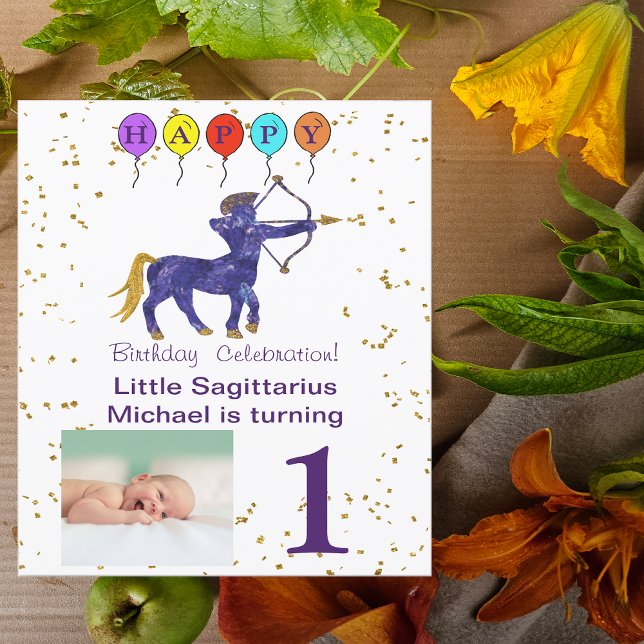 Sagittarius First Birthday Gold & Balloons Invitation (Creator Uploaded)