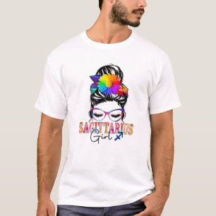 Sagittarius Girl Birthday Messy Bun Hair Colourful T-Shirt