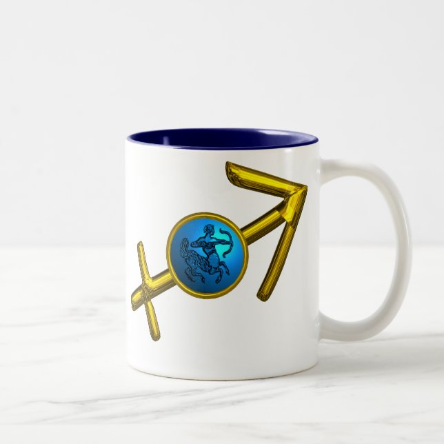 SAGITTARIUS,GOLD BLUE ZODIAC BIRTHDAY SIGN Two-Tone COFFEE MUG (Right)