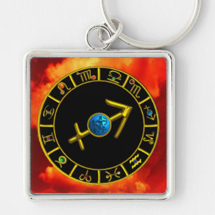 SAGITTARIUS Gold Blue Zodiac Jewel Astrology Chart Key Ring