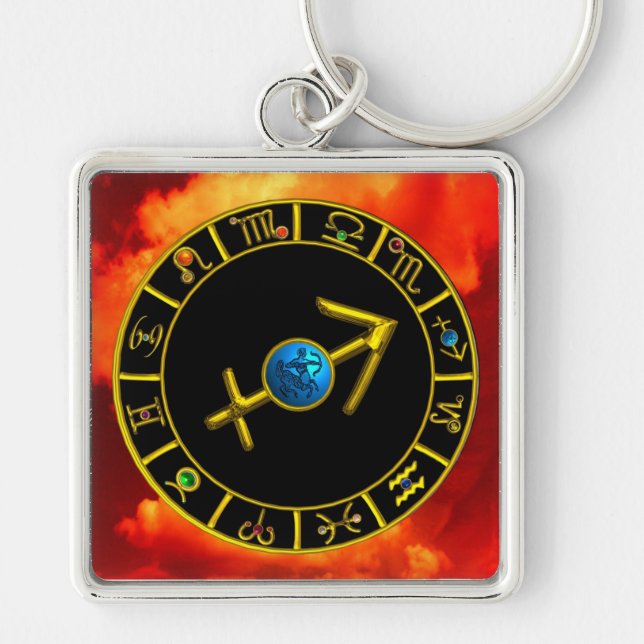 SAGITTARIUS Gold Blue Zodiac Jewel Astrology Chart Key Ring (Front)