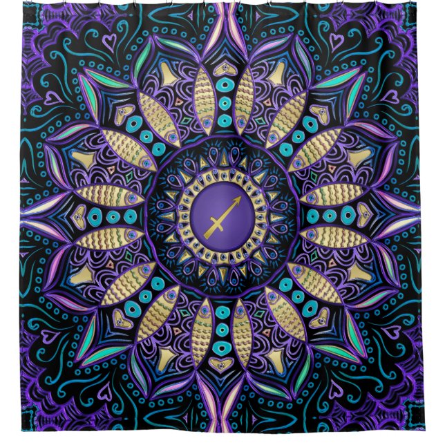 Sagittarius Purple Black Mandala Shower Curtain (Front)