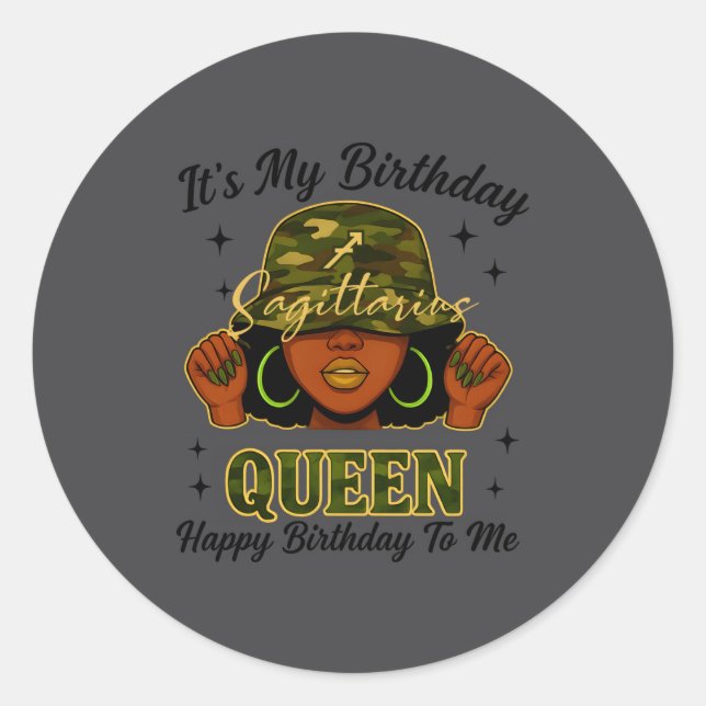 Sagittarius Queen Black Woman With Cap Camo It's M Classic Round Sticker (Front)