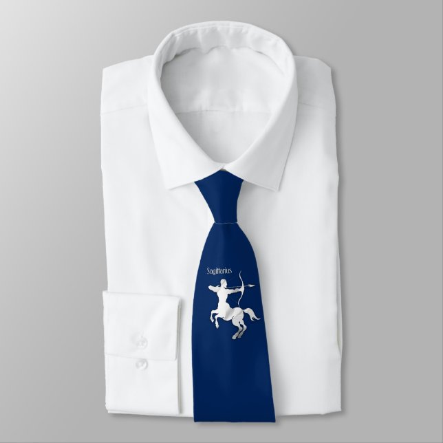 Sagittarius Silver Archer Zodiac Navy Blue Tie (Tied)