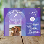 Sagittarius Zodiac Astrology Sign Photo Birthdate Postcard<br><div class="desc">Personalise this zodiac card with a photo, birthdate and name. A custom birthday design with the zodiac sign - Sagittarius - plus personality traits, information and constellation. A spiritual and regal purple and blue colour associated with Sagittarius is the main design behind all of the Zodiac details. A great gift...</div>