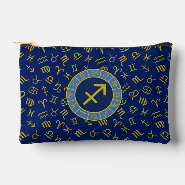 Sagittarius Zodiac+Astrology Symbols Ptn Gld+Blues Accessory Pouch (Front)
