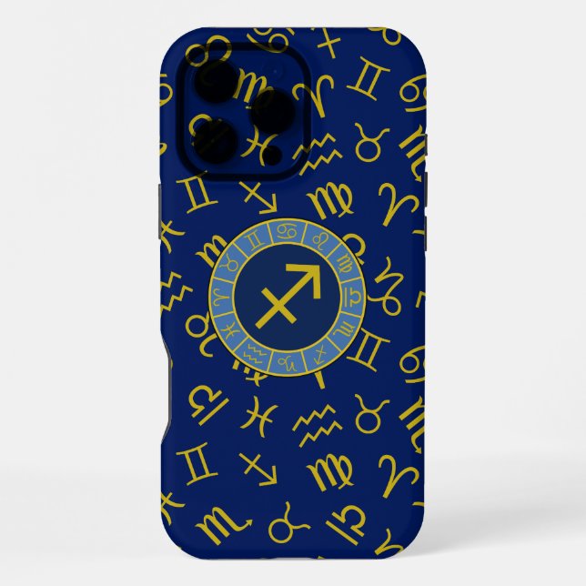 Sagittarius Zodiac+Astrology Symbols Ptn Gld+Blues iPhone Case (Back)