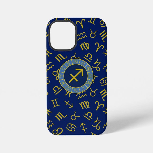Sagittarius Zodiac+Astrology Symbols Ptn Gld+Blues iPhone Case (Back)
