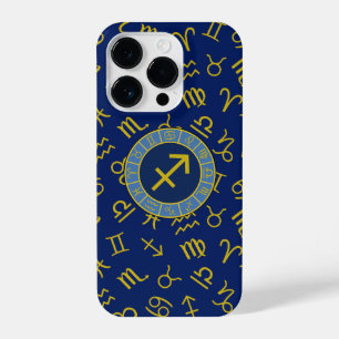 Sagittarius Zodiac+Astrology Symbols Ptn Gld+Blues iPhone 14 Pro Case