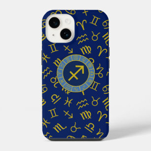 Sagittarius Zodiac+Astrology Symbols Ptn Gld+Blues iPhone 14 Case