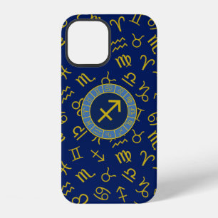 Sagittarius Zodiac+Astrology Symbols Ptn Gld+Blues iPhone 12 Case