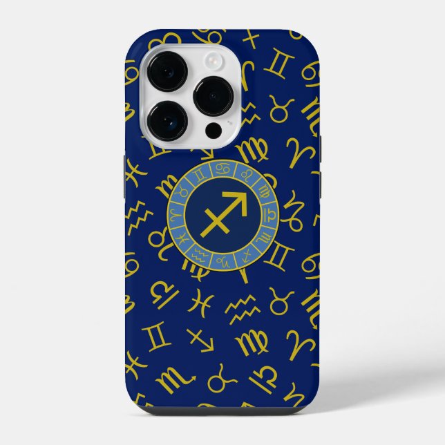 Sagittarius Zodiac+Astrology Symbols Ptn Gld+Blues iPhone Case (Back)