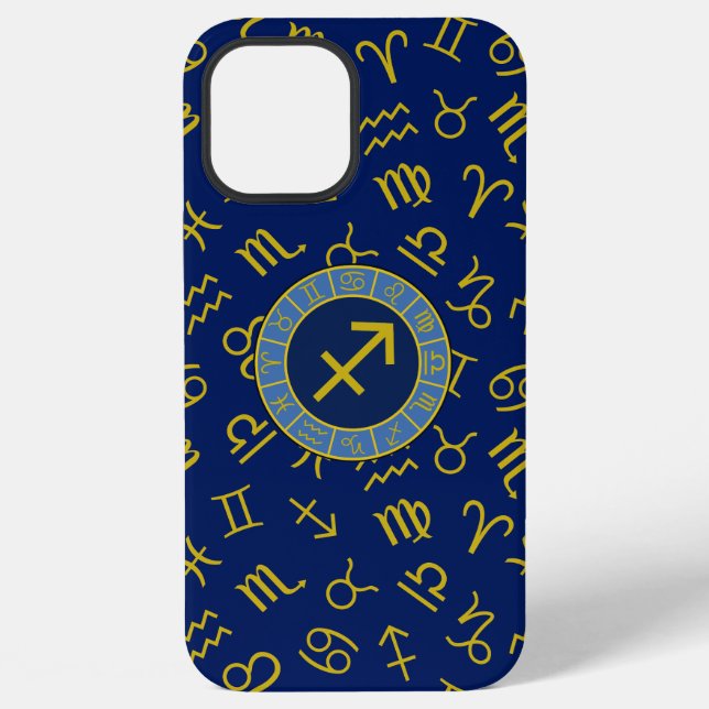 Sagittarius Zodiac+Astrology Symbols Ptn Gld+Blues iPhone Case (Back)