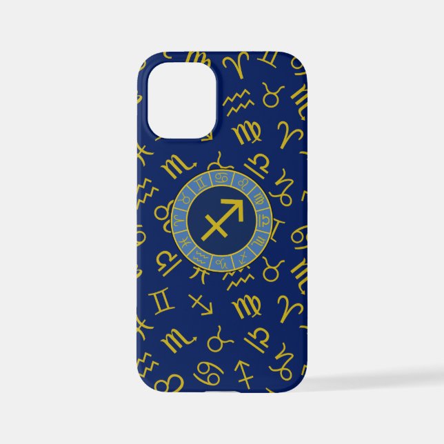 Sagittarius Zodiac+Astrology Symbols Ptn Gld+Blues iPhone Case (Back)