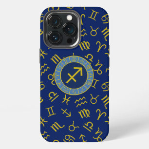 Sagittarius Zodiac+Astrology Symbols Ptn Gld+Blues iPhone 13 Pro Case