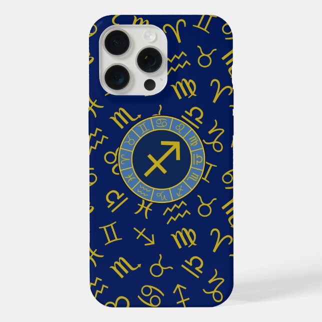 Sagittarius Zodiac+Astrology Symbols Ptn Gld+Blues iPhone Case (Back)