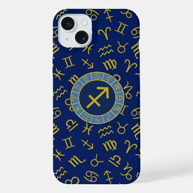 Sagittarius Zodiac+Astrology Symbols Ptn Gld+Blues iPhone Case (Back)