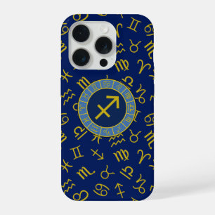 Sagittarius Zodiac+Astrology Symbols Ptn Gld+Blues iPhone 15 Pro Case