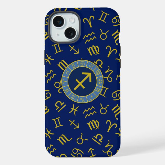 Sagittarius Zodiac+Astrology Symbols Ptn Gld+Blues iPhone Case (Back)