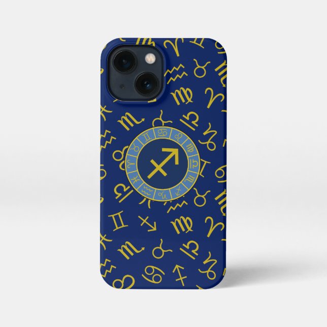 Sagittarius Zodiac+Astrology Symbols Ptn Gld+Blues iPhone Case (Back)