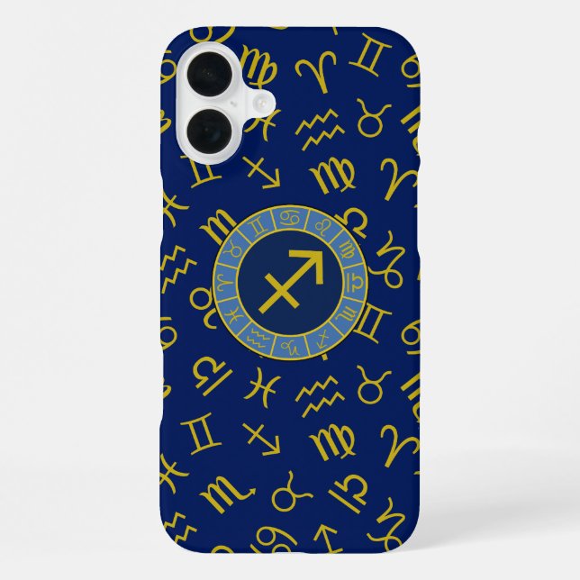 Sagittarius Zodiac+Astrology Symbols Ptn Gld+Blues iPhone Case (Back)