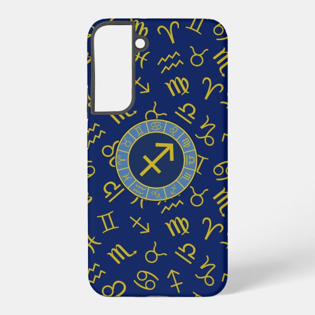 Sagittarius Zodiac+Astrology Symbols Ptn Gld+Blues Samsung Galaxy S22+ Case (Back)