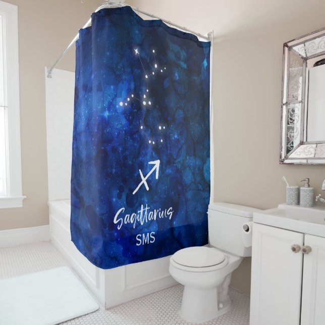 Sagittarius Zodiac Constellation Galaxy Monogram Shower Curtain (In Situ)