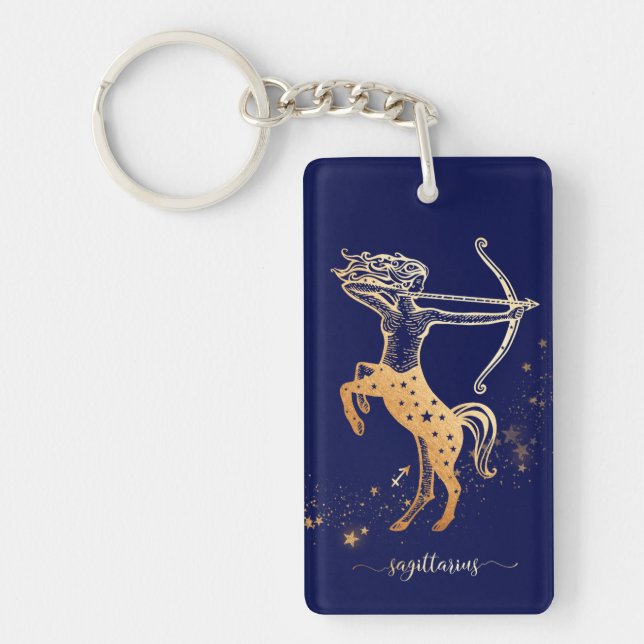 Sagittarius Zodiac Navy Blue Gold Keychain Design (Front)