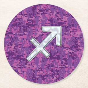 Sagittarius Zodiac Sign Fuchsia Digital Camouflage Round Paper Coaster