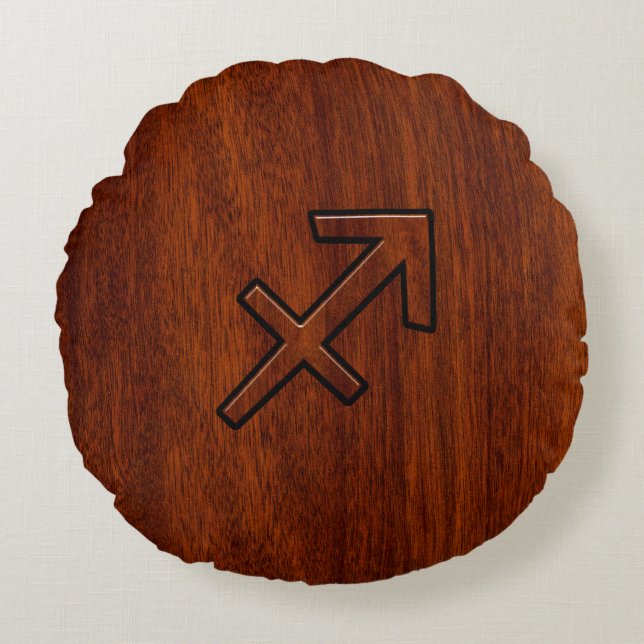 Sagittarius Zodiac Sign in Mahogany Wood Style Round Cushion (Front)
