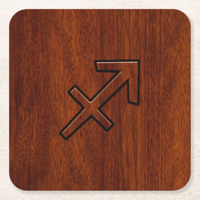 Sagittarius Zodiac Sign in Mahogany Wood Style Square Paper Coaster (Front)