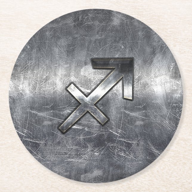 Sagittarius Zodiac Sign in Silver Steel look Round Paper Coaster (Front)