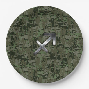 Sagittarius Zodiac Sign on Woodland Camouflage Paper Plate