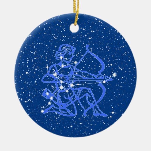 Sagittarius Zodiac Sign with Stars on Deep Blue Ceramic Ornament (Front)