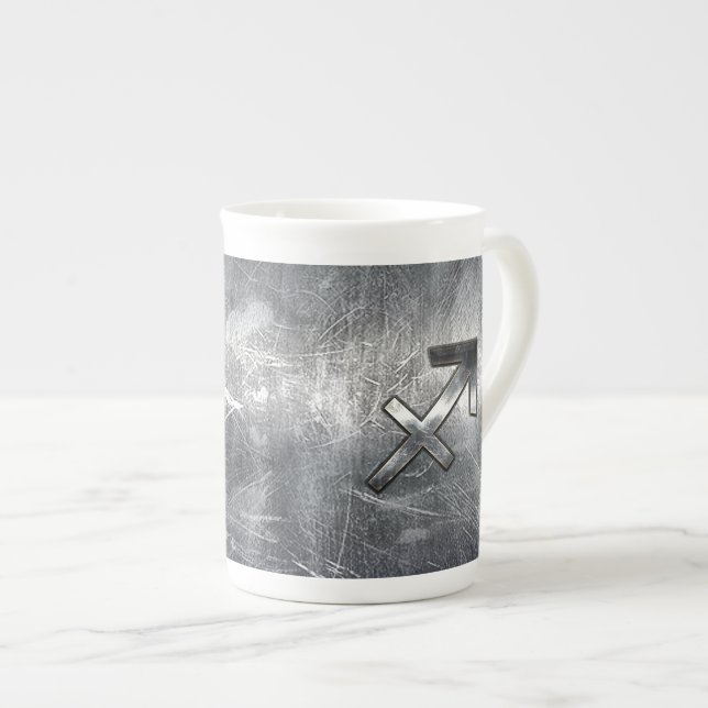 Sagittarius Zodiac Silver Distressed Steel look Bone China Mug (Front Right)