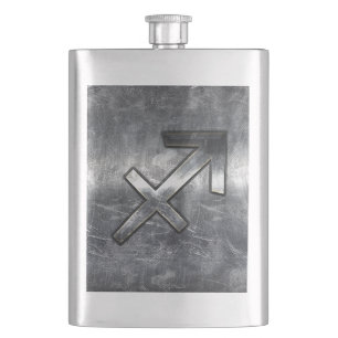 Sagittarius Zodiac Silver Distressed Steel look Hip Flask