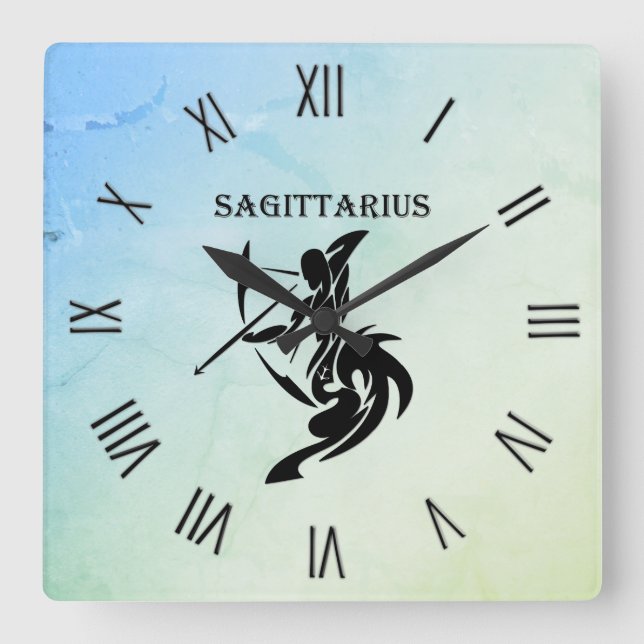 Sagittarius Zodiac Symbol Blue Green Numerals Square Wall Clock (Front)