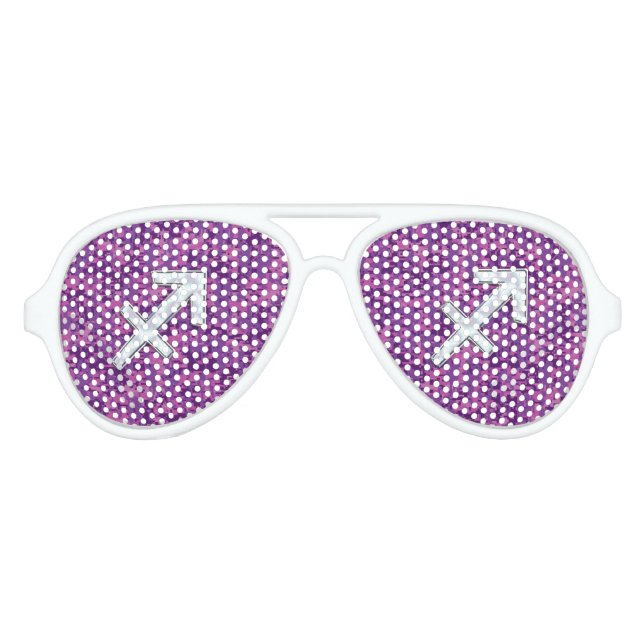 Sagittarius Zodiac Symbol on Fuchsia Digital Camo Aviator Sunglasses (Front)