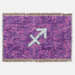 Sagittarius Zodiac Symbol on Fuchsia Digital Camo Throw Blanket