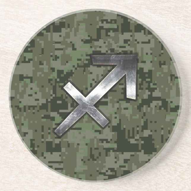 Sagittarius Zodiac Symbol on Green Digital Camo Coaster (Front)
