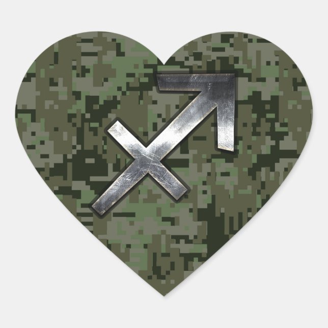Sagittarius Zodiac Symbol on Green Digital Camo Heart Sticker (Front)