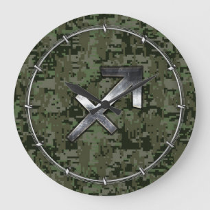 Sagittarius Zodiac Symbol on Green Digital Camo Large Clock