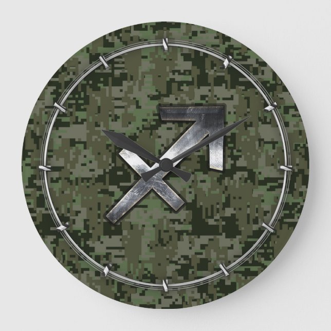 Sagittarius Zodiac Symbol on Green Digital Camo Large Clock (Front)