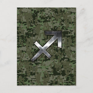 Sagittarius Zodiac Symbol on Woodland Digital Camo Postcard