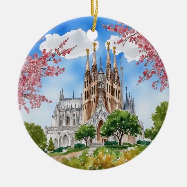 Sagrada Familia Barcelona Spain Watercolor Ceramic Ornament (Front)