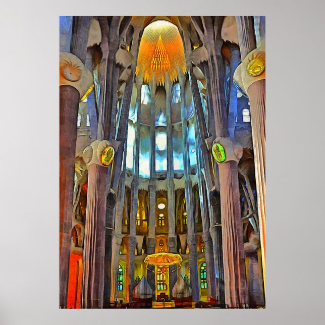 Sagrada Familia. View inside at sunset. Poster (Front)